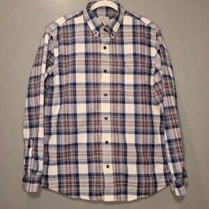 L.L. Bean Flannel Slightly Fitted Plaid Button-Up, Men's Size L, Cream Navy